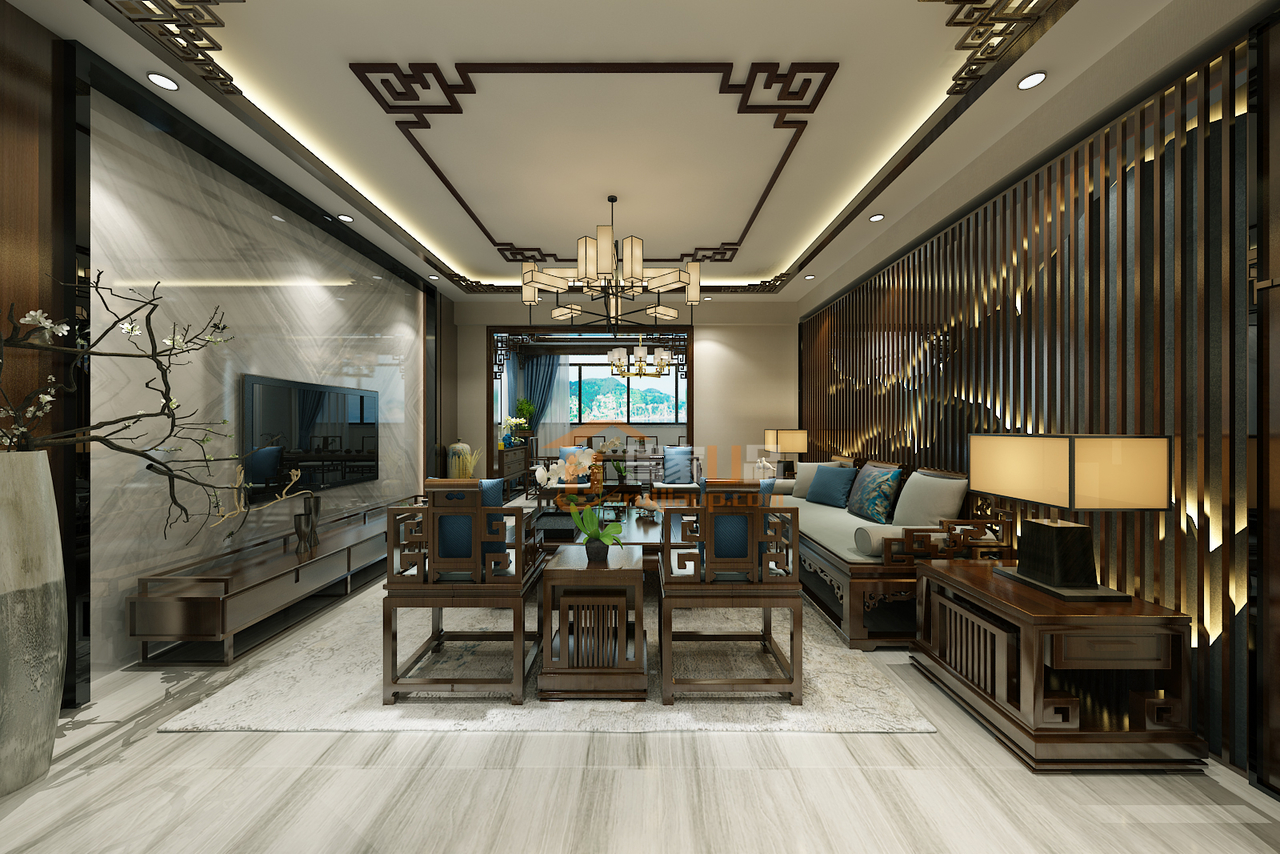 客厅空间设计，很有中国传统文化的韵味，很有历史的实木家具搭配，进入家里，一天忙碌焦躁的心瞬间就安静了下来